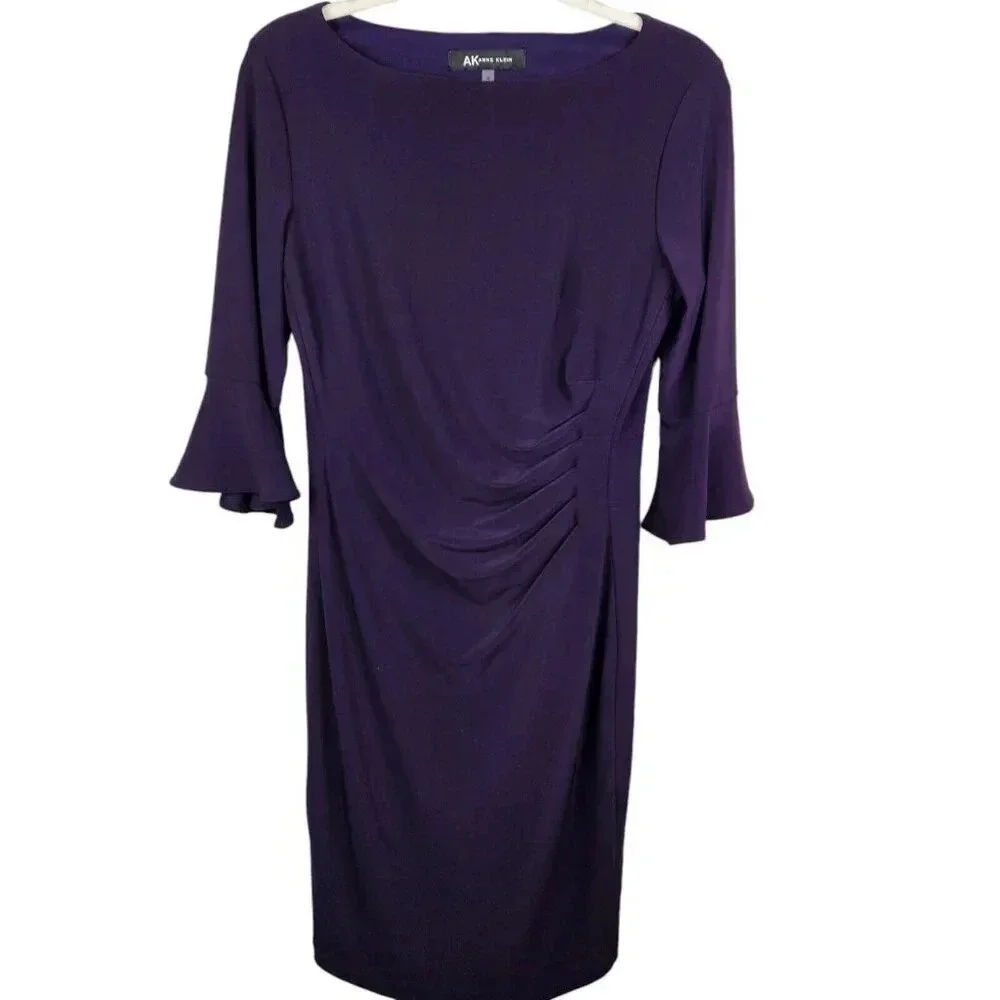 Anne Klein Purple Rouched 3/4 Bell‎ Sleeve Cocktail Evening Dress Size Medium
